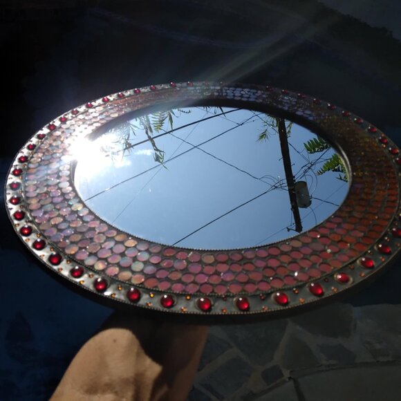 Stunning Round Red/Orange Glass Domes/Dots Mosaic Inlay Handcrafted Wall Mirror - Picture 10 of 16